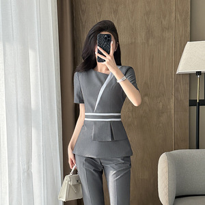 Gray Short Sleeve Suit Set Women Polyester Professional Workwear Summer 2025 Elegant Uniform Beauty Salon Attire - Product Image 3