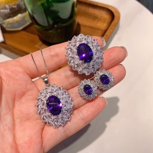 Fashion Eco-friendly Copper Dainty Floral Pendant <b>Earrings</b> Ring <b>Set</b> 10*14MM Purple Zircon Flower Jewelry <b>Set</b> for Romantic Events - Product Image 1