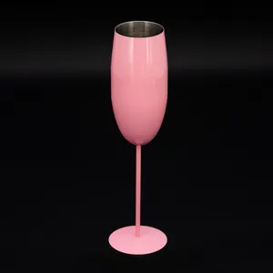 Colored Glass Hot Sale Wine Glass Stainless Steel Fancy Champagne Flutes Set 260ml Pink Color For Wedding