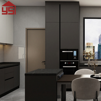 Ensemble de meubles de cuisine de luxe pour villa, finition acrylique brillante, en forme de U, sur mesure, avec îlot de cuisine en quartz
