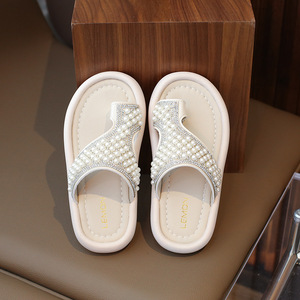 Chaussures d'été pour enfants au design adorable, chaussures de princesse <span class=keywords><strong>à</strong></span> semelle souple en perles, pantoufles plates pour bébé fille - Product Image 3