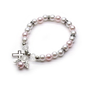 Pulsera de Perlas Blancas con Cruz de Ángel, 8mm, Joyería Religiosa Rosa y Blanca, Regalo, Accesorio para Bautizo - Product Image 2
