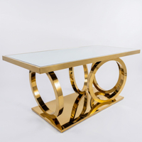 Mesa de Comedor Redonda de Acero Inoxidable con Diseño de Anillo Dorado y Tapa Blanca para Banquetes y Eventos