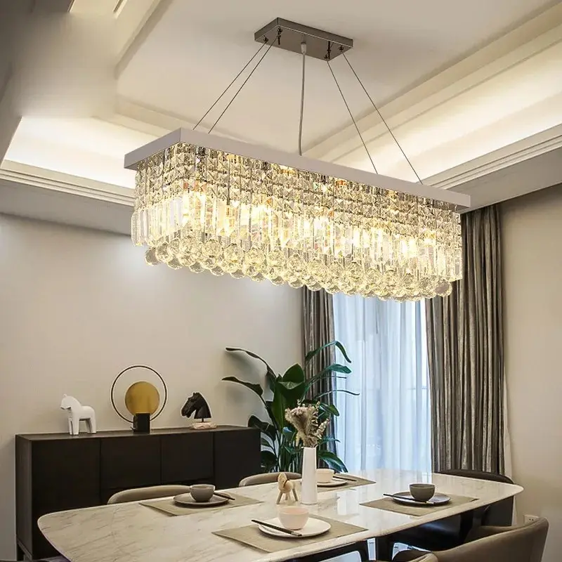 Cristallo a LED sospensione moderna sala da pranzo rettangolo lampadario lampada luci per uso domestico per lampade da cucina isola