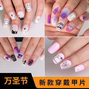 Faux ongles à presser 12 pièces, forme cercueil moyenne, en gelée, motif dessin animé Halloween, motif circulaire, pour enfants - Product Image 3