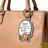 Porte-clés « Dieu est en elle, elle ne tombera pas » - Verset biblique Psaume 46:5 avec fleur rose, breloque ovale en acrylique pour clés ou sac