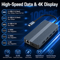 Base de Conexión USB-C 12 en 1, Doble +DP, Video 4K, Gigabit Ethernet, 100W PD, 3*10Gbps+2*5Gbps USB, Carcasa de Aluminio, Disponible