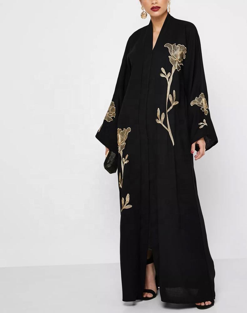 2021 Summer New Black Women Floral Embroidered V Neck Abaya Dresses Women Muslim Long Abaya 