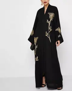 Женское платье абайя с цветочной вышивкой, Черное длинное платье с V-образным вырезом в мусульманском стиле, лето 2023