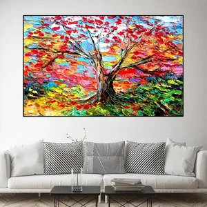 لوحة جدارية, لوحة فنية مجردة مصنوعة يدويًا على قماش ملون شجرة ملصقات صور مناظر طبيعية أشجار إطارات صور زيتية فن حائط