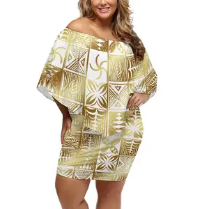 新しいホット販売タパポリネシア部族デザインミニフリルドレス女性ビッグサイズレイヤードフリルオフショルダーヒップ-ラップショートドレス