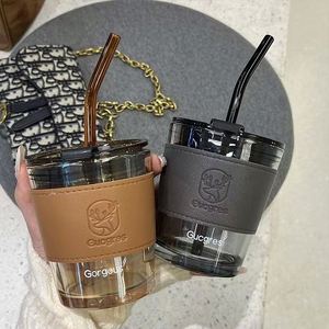 New Coffee <b>Cup</b> 450Ml Stripe Silicone Sleeve Glass Straw Water <b>Cup</b> <b>Reusable</b> Travel Coffee Mug With Lid and Straw Holiday Gift Mug - Product Image 5