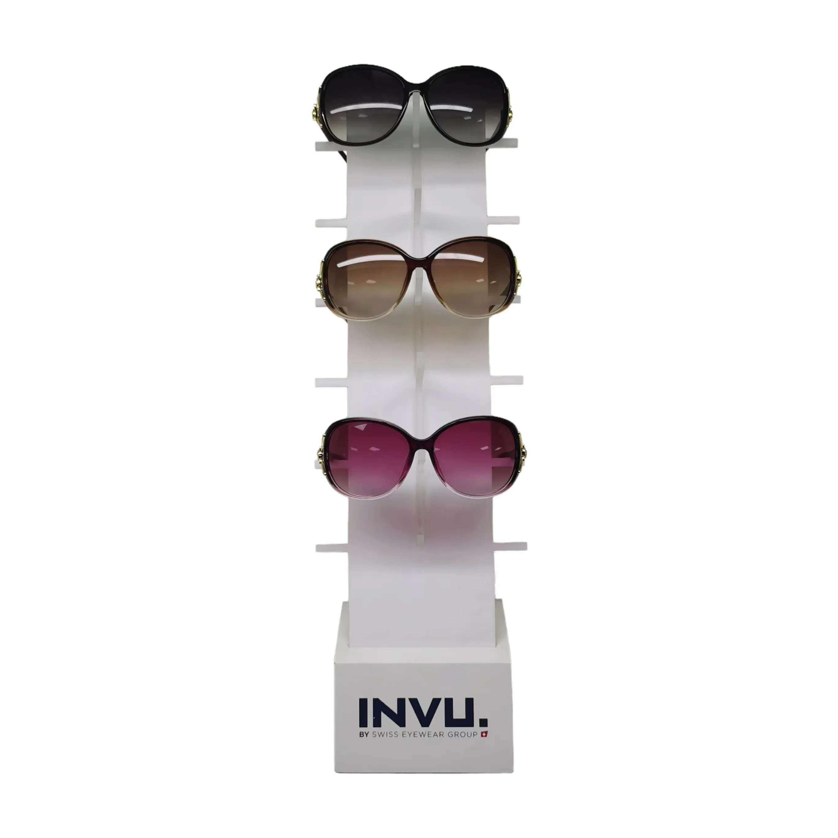 Negozio personalizzato usa occhiali o occhiali da sole acrilici bianchi semplici a sei livelli espongono Rock con segno del Logo nella parte inferiore