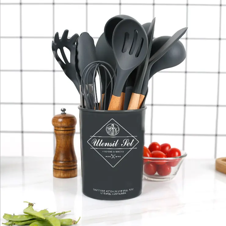 Ensemble d'outils de cuisine en silicone, spatule en bois de silicone respectueux de l'environnement résistant à la chaleur, 12 pièces