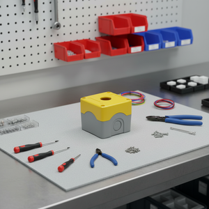 Boîtier de bouton-poussoir étanche IP66 en ABS 54x40x60mm à 1 trou, finition peinte jaune et gris/noir et gris pour instruments électroniques - Product Image 3