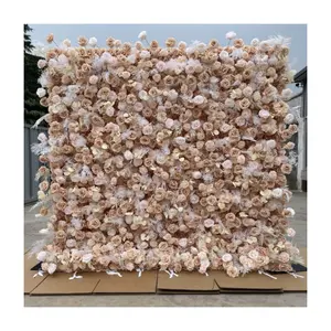 A-1382 웨딩 장식 배경 3d 실크 꽃 벽 롤 업 커튼 인공 흰색과 샴페인 장미 꽃 벽