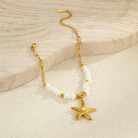 Parure de bijoux tendance certifiée, avec breloques coquillage et étoile de mer, perles en pierre blanche, pour femme, en acier inoxydable plaqué or 18 carats