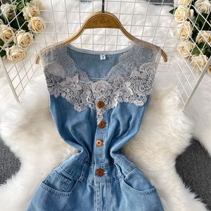 Vestidos de mezclilla sin mangas con cuello en V y encaje vintage para mujer, a la moda - Product Image 3