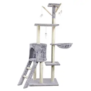 Torre de escalada para gatos de 140cm más vendida directamente de fábrica para gatos de interior con poste rascador para gatos, hamaca y escalera (gris claro)