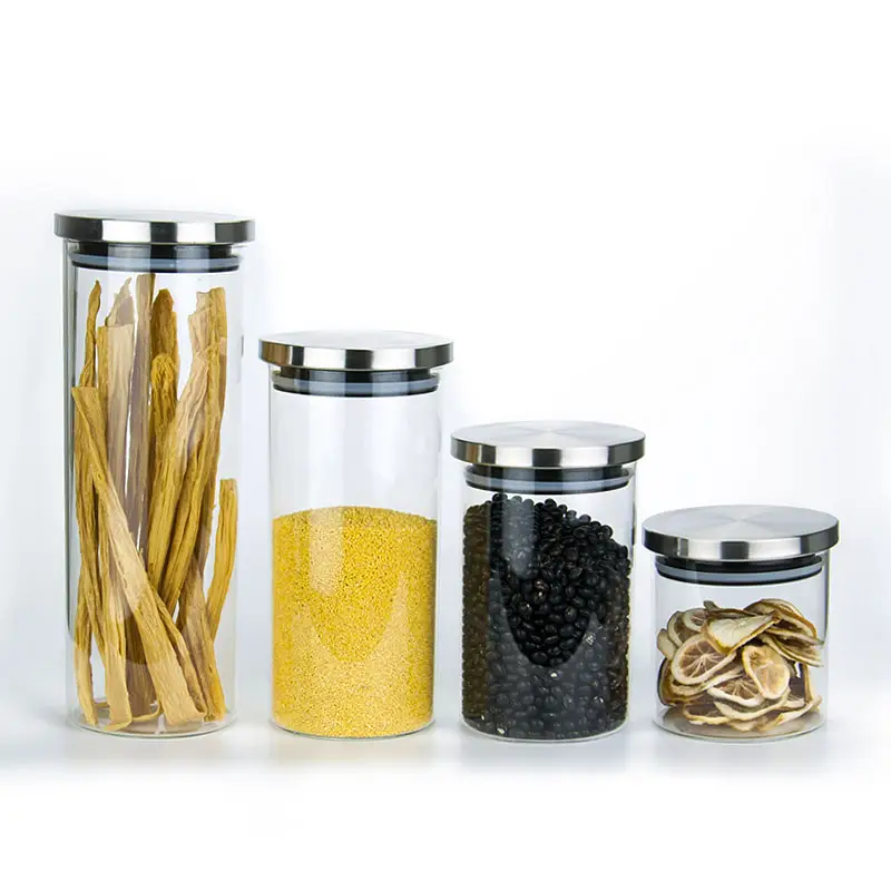 High Airtight Kitchen Food Storage Container Glass Storage Jars With Stainless Steel Lid