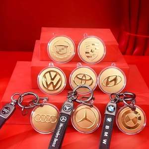 <span class=keywords><strong>Porte</strong></span>-clés en forme de logo de voiture en or, pendentif rond en or, emballé individuellement, cadeau pour papa, petit ami, artisanat en métal - Product Image 3