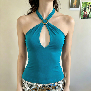 Top de punto sin mangas con cuello en V, botones metálicos y patchwork, estilo modal con aberturas, azul, sin espalda, sexy, para fiesta, novedad de verano - Product Image 2