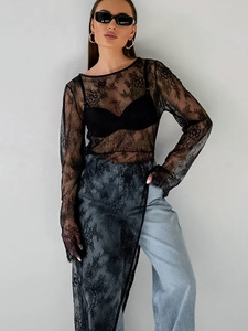 Abito Sexy nero trasparente <span class=keywords><strong>con</strong></span> <span class=keywords><strong>spacco</strong></span> rotondo in <span class=keywords><strong>pizzo</strong></span> satinato a maniche lunghe asimmetrico, abito estivo versatile - Product Image 6
