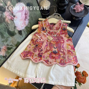 Traditional Chinese Style Girls Two Piece Set With Fold Buttons Summer Party Wear Cotton Thin Fabric Flowers Pattern - Product Image 1