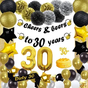 Gold และ Black Happy วันเกิดตกแต่งสกปรก30บอลลูน Party Supplies บอลลูนวันเกิด Happy 30th Birthday Party Supplies