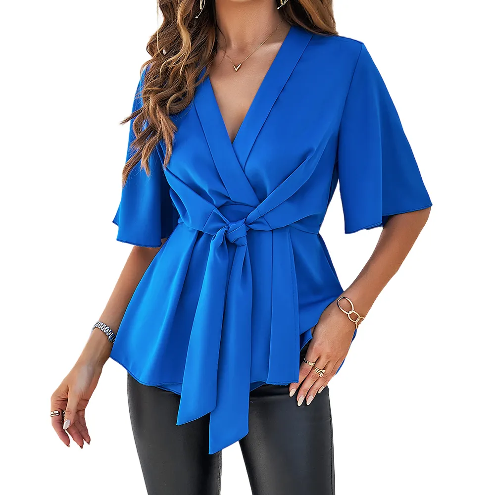Summer Female Short Sleeve Tops Ladies Blue V Neck Front Knot Waist Women Tunic Blouse