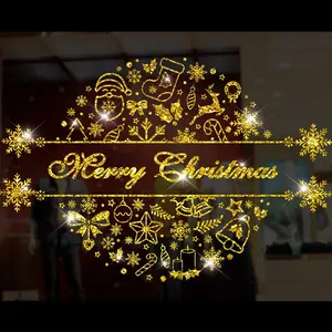 ゴールドカラークリスマススタティックウィンドウステッカークリスマスデコレーションゴールデンガラスウィンドウ壁紙サンタクロースウォールステッカー