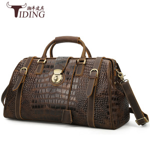 Sac de voyage pour homme en cuir véritable à motif crocodile, grande capacité, sac à bandoulière, marron foncé - Product Image 2