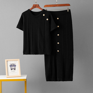 Conjunto de Dos Piezas <span class=keywords><strong>Casual</strong></span> y Elegante para Mujer, Falda de Cintura Alta y Top de Manga Corta, Tejido Transpirable con Botones, Nueva Colección de Verano - Product Image 3