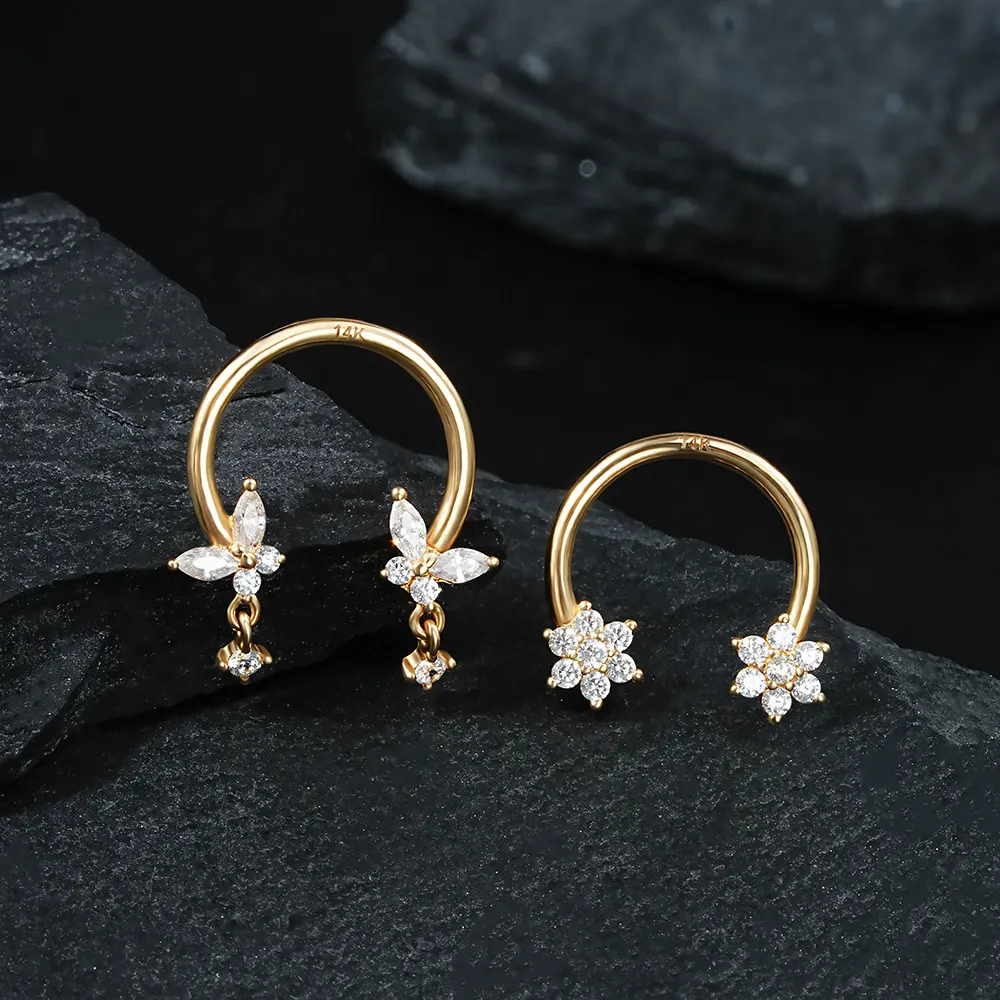 14k Gold CZ on flower butterfly nose ring lip stud earrings body piercing jewelry horseshoe circle barbell nose septum ring