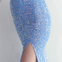 Robe de soirée sirène scintillante à sequins pour femme, bretelles spaghetti, dos ouvert, laçage, fente haute, longue robe de bal