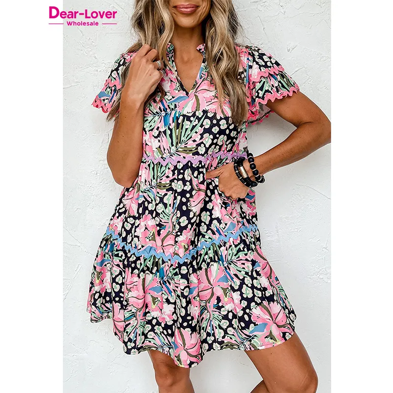 Dear-Lover Venta al por mayor Rosa Estampado floral Ondulado Adornado Mini Vestidos Mujeres