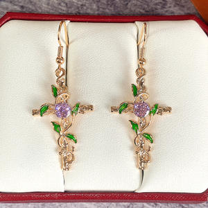 E1723 Orecchini pendenti a croce in oro con cristallo di ametista per donna, gioielli per cerimonie religiose - Product Image 3