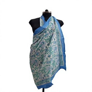 Bohemian Style Blue <b>Sarong</b> Handmade Cotton Scarf with Bagru Print Unique Women's Type for Wholesale Price - Product Image 1