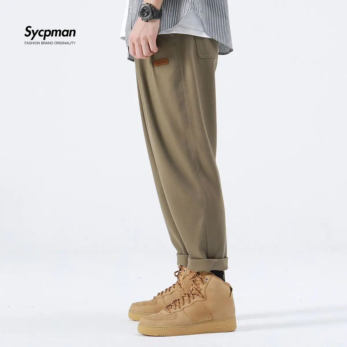 Sycpman Serge Casual Pants New Mens Combed Japanese Loose Straight Leg Work Trousers Harem for Spring and Autumn
