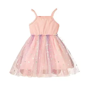 Çocuklar bebek kız yaz elbiseler dikişli kalp baskı örgü sevimli askı elbise doğum günü hediyeleri 2-6T