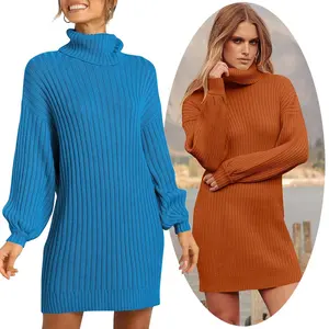 Suéteres de invierno de gran tamaño para mujer, vestidos sueltos de manga farol, jersey de cuello alto, sudadera, Falda de punto, vestido de suéter