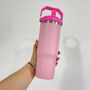 Flip Straw Water <b>Bottle</b> <b>Pink</b> 30Oz Tumbler Power Coated Travel Mug With Handle and Lid - Product Image 2