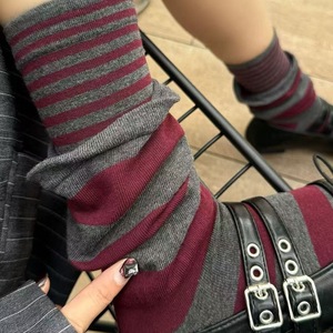 Knee <b>Socks</b> <b>Women</b> Striped Burgundy Gray Polyester <b>Warm</b> Elegant Youth Fashion <b>Sock</b> W2698 - Product Image 1