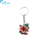 Gantungan Kunci bunga bunga logam kustom gantungan kunci bunga Hibiscus Hawai Glitter merah gantungan kunci kustom Logo Hibiscus