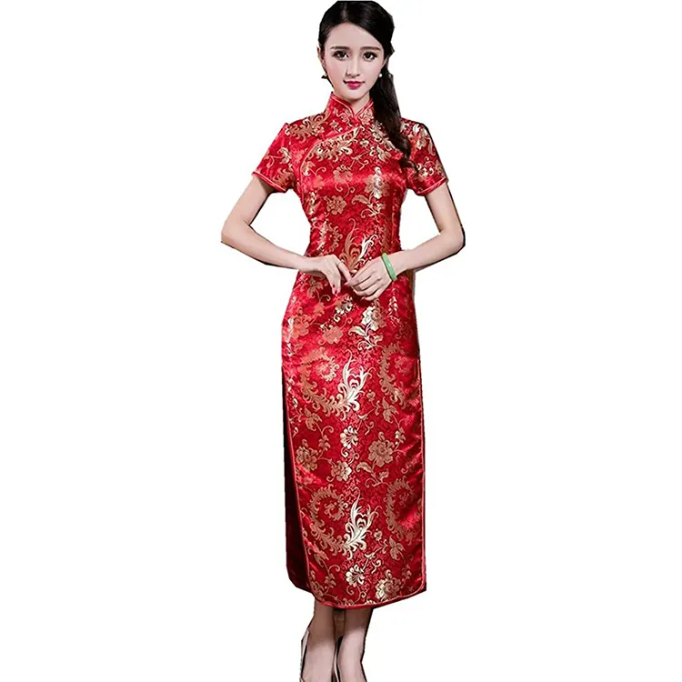 긴 Qipao 드레스 플러스 사이즈 레드 짧은 소매 전통적인 새틴 긴 Qipao 중국어 빈티지 Cheongsam 드레스