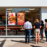 Écran ultra fin pour vitrine de magasin de hamburgers et de restauration rapide, lisible en plein soleil