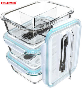 Glass Meal Prep Containers 3 Compartment Bento Box Lunch Box Set Locking Lids with Utensil