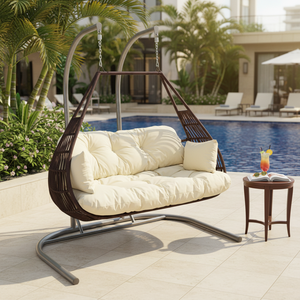 Handmade Modern PE Rattan Exterior Hotel Outdoor Furniture Wicker Thin Double Seat Patio <b>Swings</b> Hanging Chair Metal Stand Slims - Product Image 3