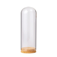 Dôme en verre clair personnalisé avec base en bois de fleur de cylindre rond antique de liège pour la décoration