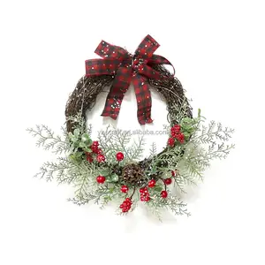 Artificial Red Plaid Bow Wreaths Christmas Garland And Wreath Spray Glitter Door Hanging Ornament Wreath With LED Lights